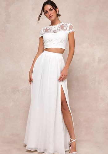 Boho style two piece maxi wedding dress from Lulus with lace crop top 