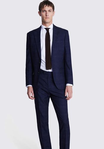 Navy and black check groom suit from Moss Bros