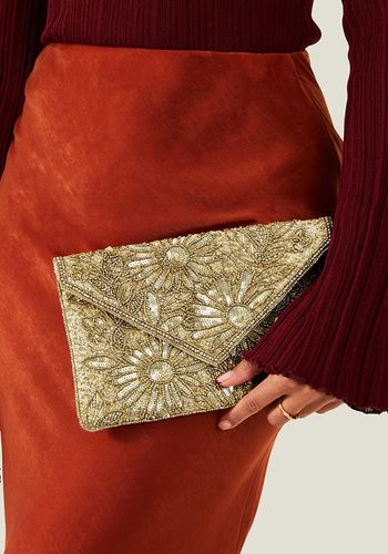 Gold bridal clutch from Monsoon with hand-beaded floral embellishments from Accessorize