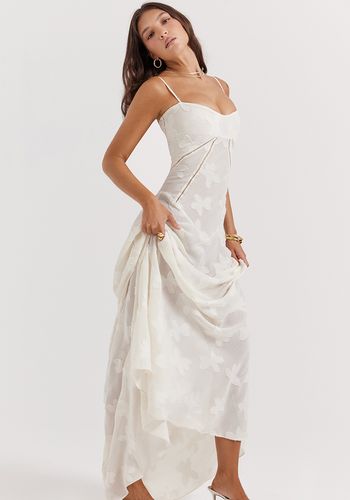 Lace beach wedding dress from house of cb with drop waist and lace up back