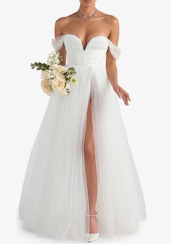 Princess style tulle wedding dress from House of CB with fairytale off-the-shoulder design and leg split 