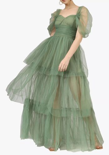 olive green tulle princess wedding dress, with tiered mesh layers and sweetheart neckline