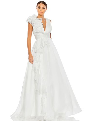 V-neck sleeveless princess wedding dress with ruffled shoulder ruched empire waist and ruffles flowing down the skirt