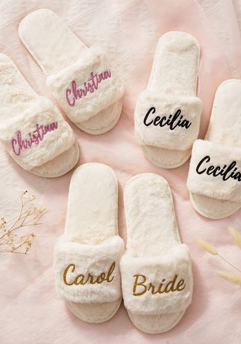 personalised fluffy bridesmaid slippers as getting ready, wedding morning gift.