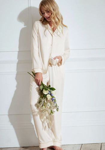 satin lace trim long pyjama set in ivory for brides from Chelsea Peers