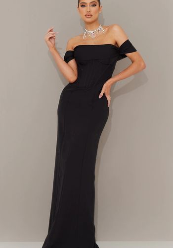 Black Corset Detail Bardot Bridesmaid Dress