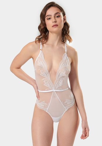 bridal lingerie, featuring swirling embroidery and the delicate, semi-sheer mesh.