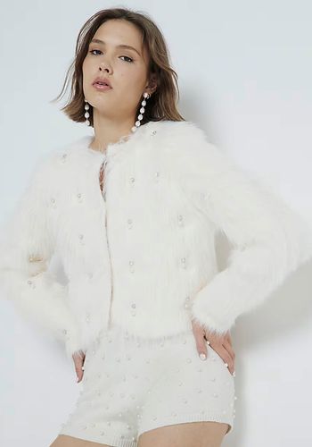 embellished faux fur cropped bridal jacket, cover up in cream shade. 