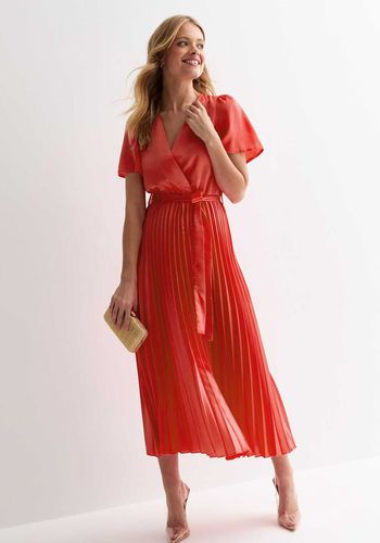 New Look Coral Satin Wrap Front Pleated Midi Dress