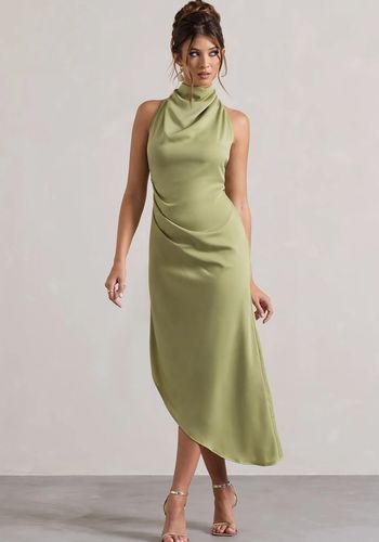 Club L London Sophina Light Olive Satin Cowl-Neck Asymmetric Midi Dress