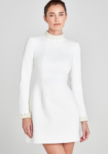 Nadine Merabi Bridal Long-Sleeve Short Wedding Dress With Pearls Around Hight-Neck