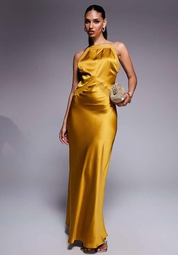 slim fit dress slacks Mismatched Gold Sexy Side Slit Mermaid Soft Satin Long Bridesmaid Dres –  chicsewuk main image 0