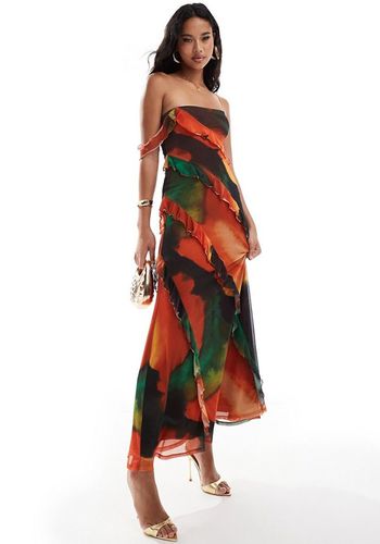 Green and orange mesh off shoulder ruffle detail maxi wedding guest dress in oversized floral print from ASOS 