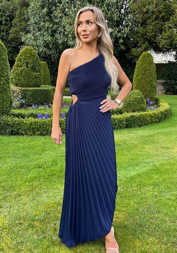 Navy one shoulder cut out pleated midi autumn wedding guest dress