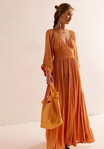 Boho style autumn wedding guest dress in colour 'golden earth' from Free People