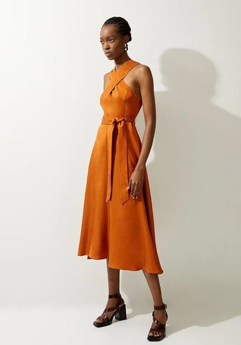 Tan/orange halterneck wedding guest dress with full skirt from Karen Millen