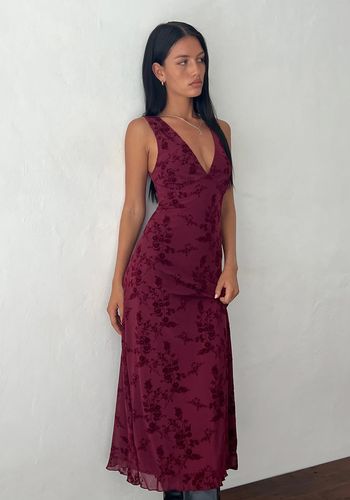 Burgundy wedding guest mid dress with floral print from motel rocks