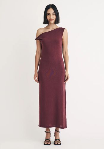 Burgundy midi autumn wedding guest dress with twist shoulder design