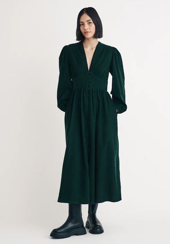 Dark green long sleeve cord autumn wedding guest dress 