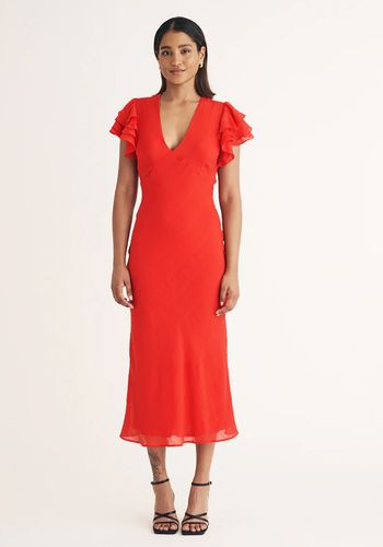 Red midi autumn wedding guest dress with frill sleeves