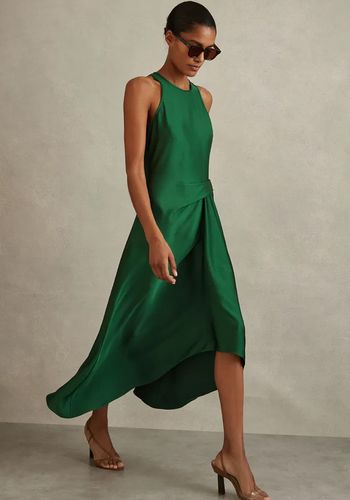 high low green satin autumn wedding guest dress