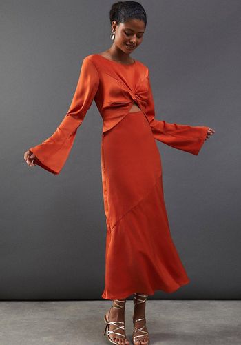 Long sleeve burnt orange satin wedding guest dress from Warehouse