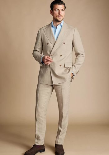 Lightweight double breasted linen suit for best man in colour Taupe from Charles Tyrwhitt