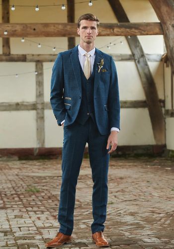 blue tweed check three piece suit for best man from Marc Darcy