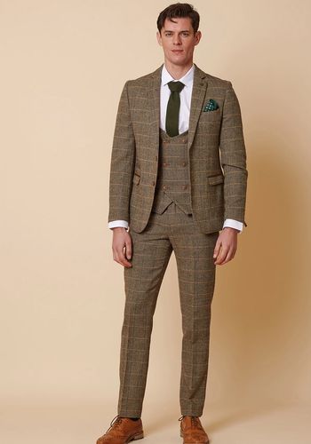 tan tweed check three piece suit for best man with double breasted waistcoat