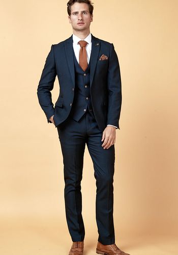 navy three piece suit for best man with contrast buttons from Marc Darcy