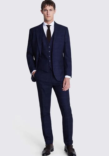 tailored fit navy black check 3-piece suit for best man from moss bros