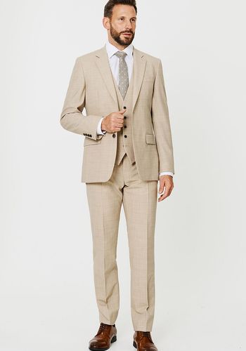 slim fit beige textured three piece suit for best man from Slaters