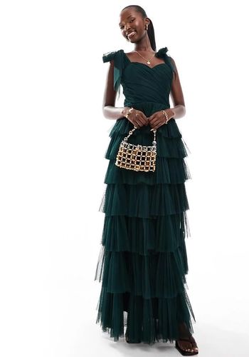  bow shoulder tiered tulle white tie maxi dress in emerald