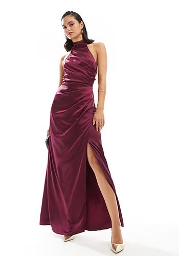 satin high halterneck maxi white tie dress in berry