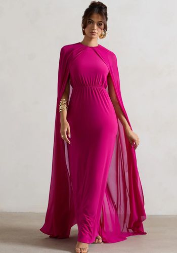 dark pink high-neck maxi dress with chiffon cape