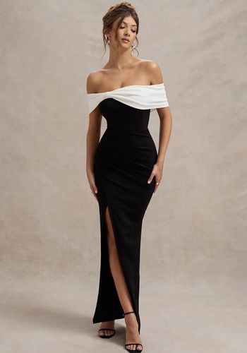 black and white bardot bow detail maxi dress with thigh split