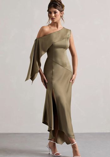 olive satin asymmetric draped split maxi dress