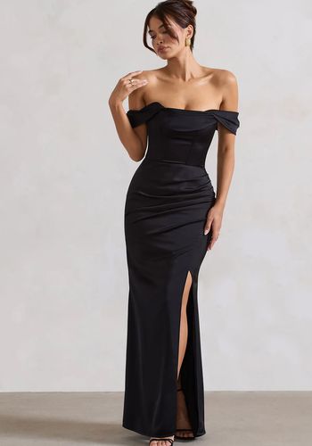 black bardot fishtail satin white tie maxi dress