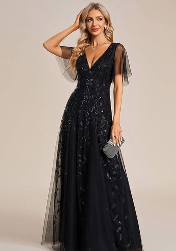 v neck embellished tulle flutter sleeve a line evening white tie maxi dress in black