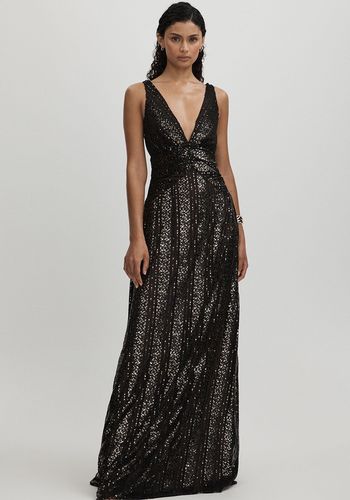 sequin plunge neck white tie maxi dress