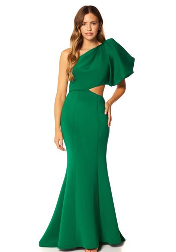 one shoulder exaggerated puff sleeve scuba maxi white tie dress in green