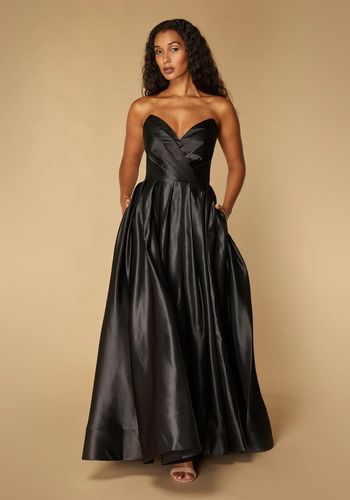 v-neck strapless white tie maxi dress in black with full skirt