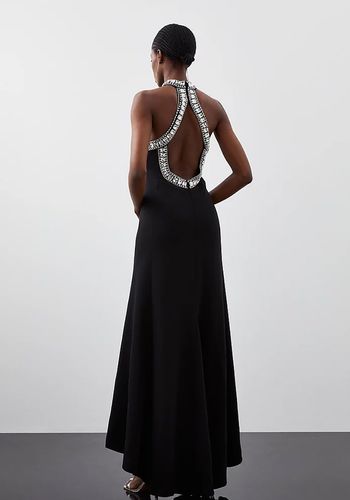 crystal embellished halter woven white tie maxi dress