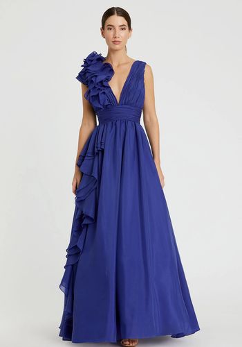 ruffle shoulder v-neck chiffon blue white tie gown with full skirt