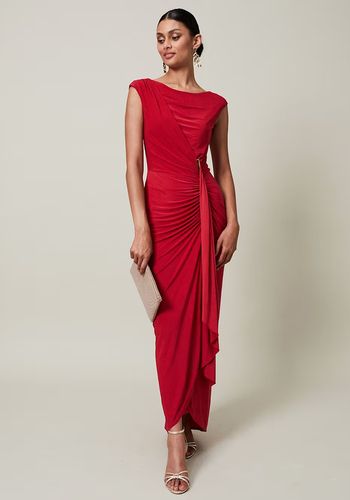 scarlet red white tie dress with boat neckline, ruching at both the front and back, and high low hem