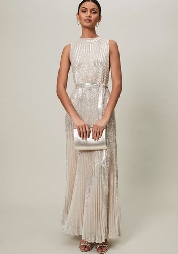 sequin pleat white tie midi dress for wedding guests in a soft gold