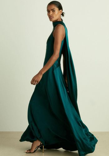 satin high neck white tie maxi dress with attached scarf-cape in dark green