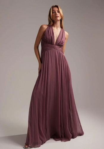 affordable bridesmaid dress from asos with ruched bodice and wrap waist in mauve