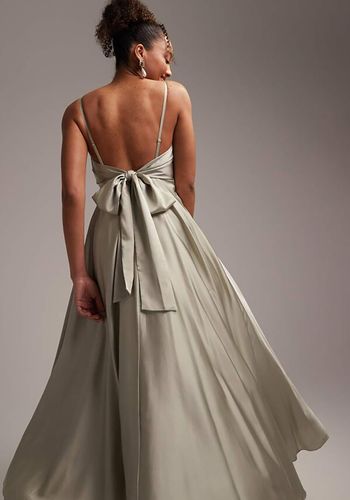 affordable satin midi bridesmaid dress from asos with tie back in sage green