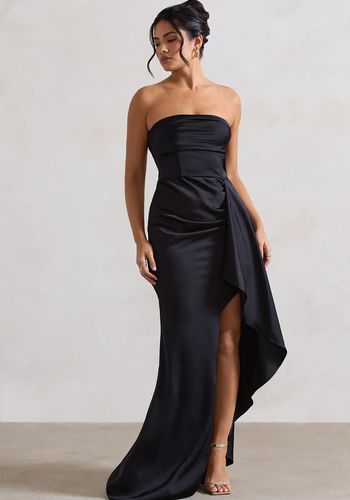 affordable black bridesmaid dress from club l london, featuring premium satin, strapless neckline and gathered skirt